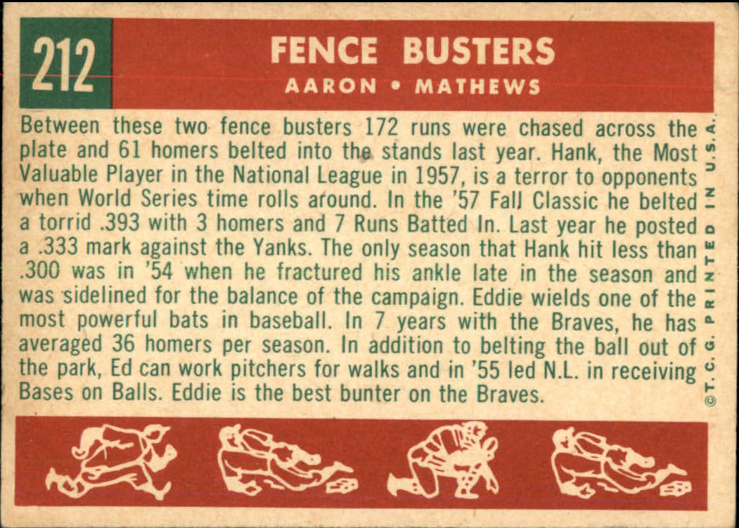 1959 Topps #212 Fence Busters/Hank Aaron/Eddie Mathews back image