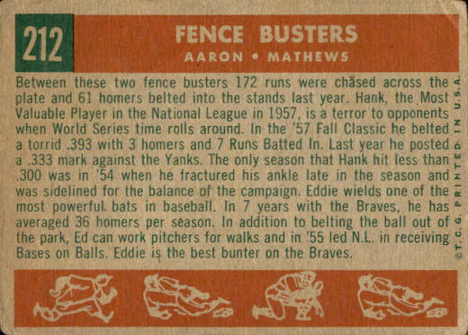 1959 Topps #212A Fence Busters/Hank Aaron/Eddie Mathews GB back image