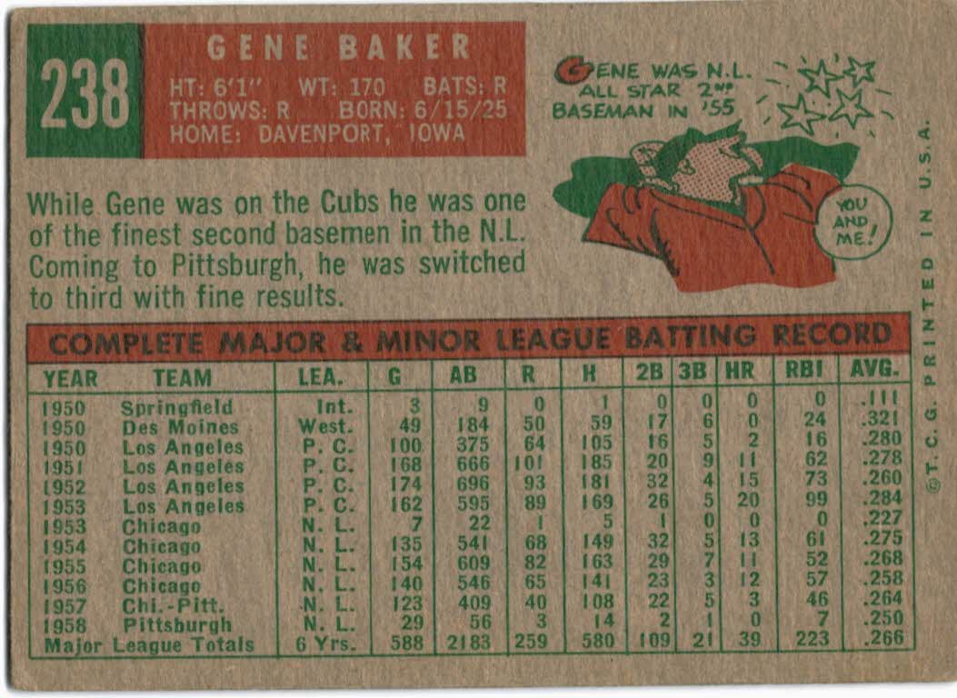 1959 Topps #238A Gene Baker GB back image