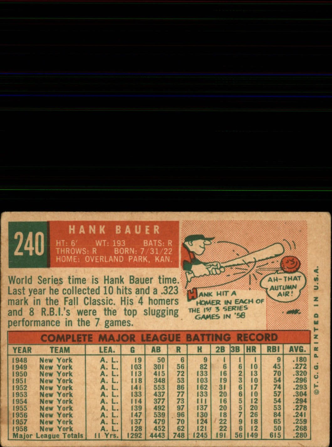 1959 Topps #240 Hank Bauer back image