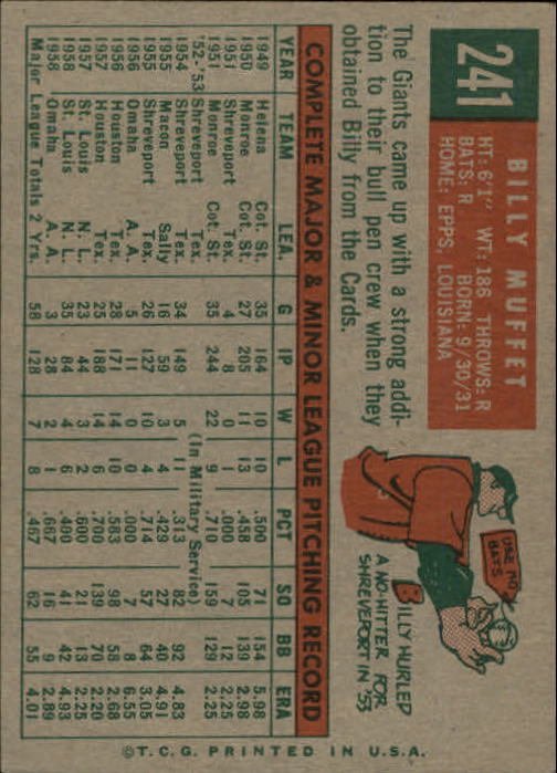 1959 Topps #241A Billy Muffett GB back image