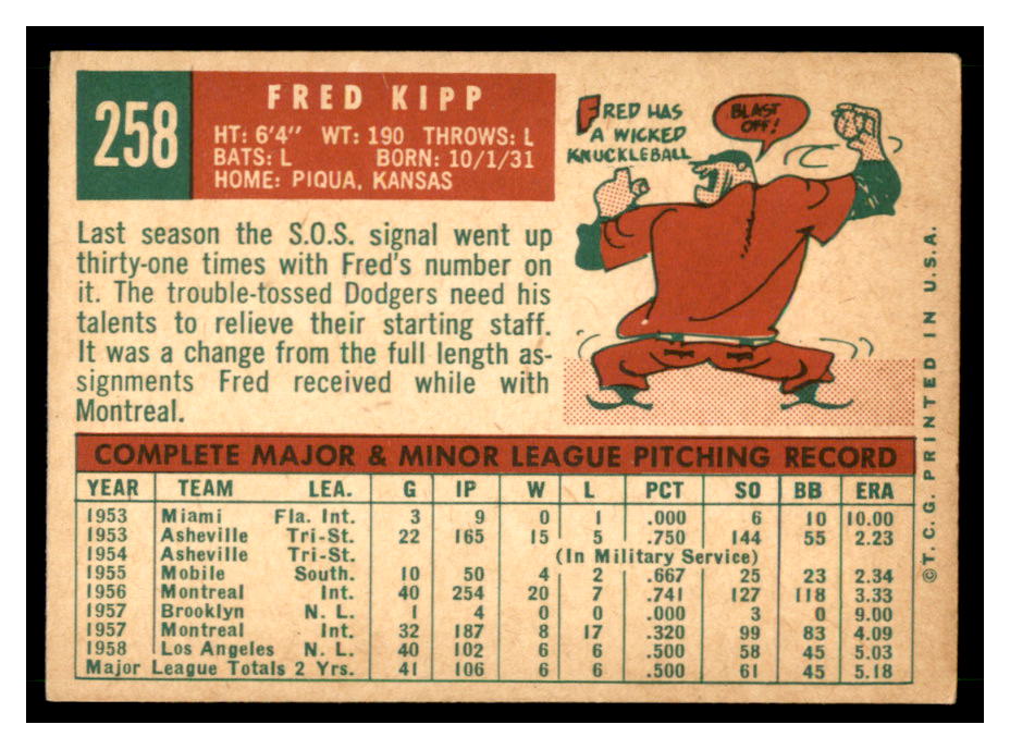 1959 Topps #258 Fred Kipp RC back image