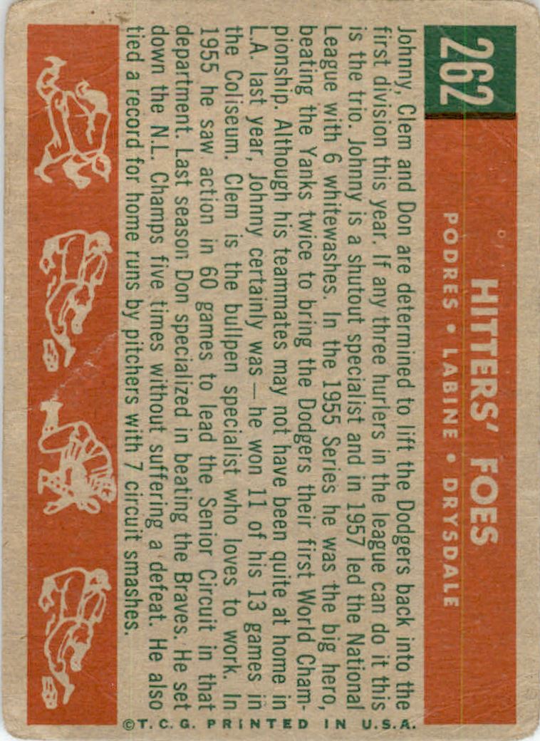 1959 Topps #262A Hitters Foes/Johnny Podres/Clem Labine/Don Drysdale GB back image