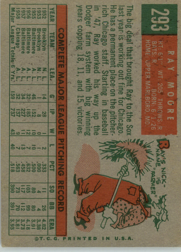 1959 Topps #293 Ray Moore back image