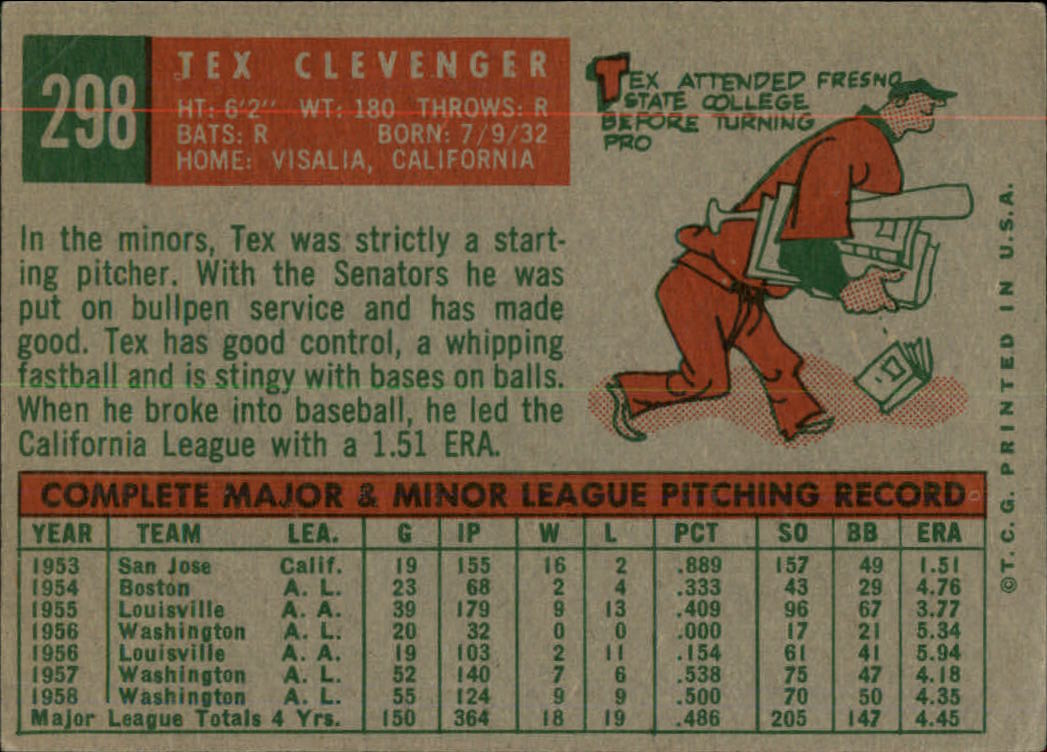 1959 Topps #298 Tex Clevenger back image