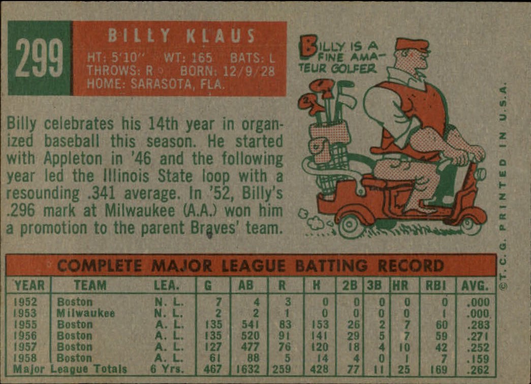 1959 Topps #299 Billy Klaus back image