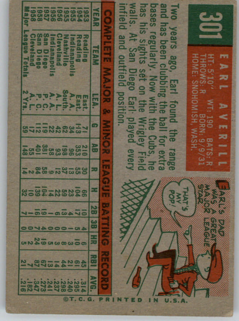 1959 Topps #301 Earl Averill Jr. RC back image