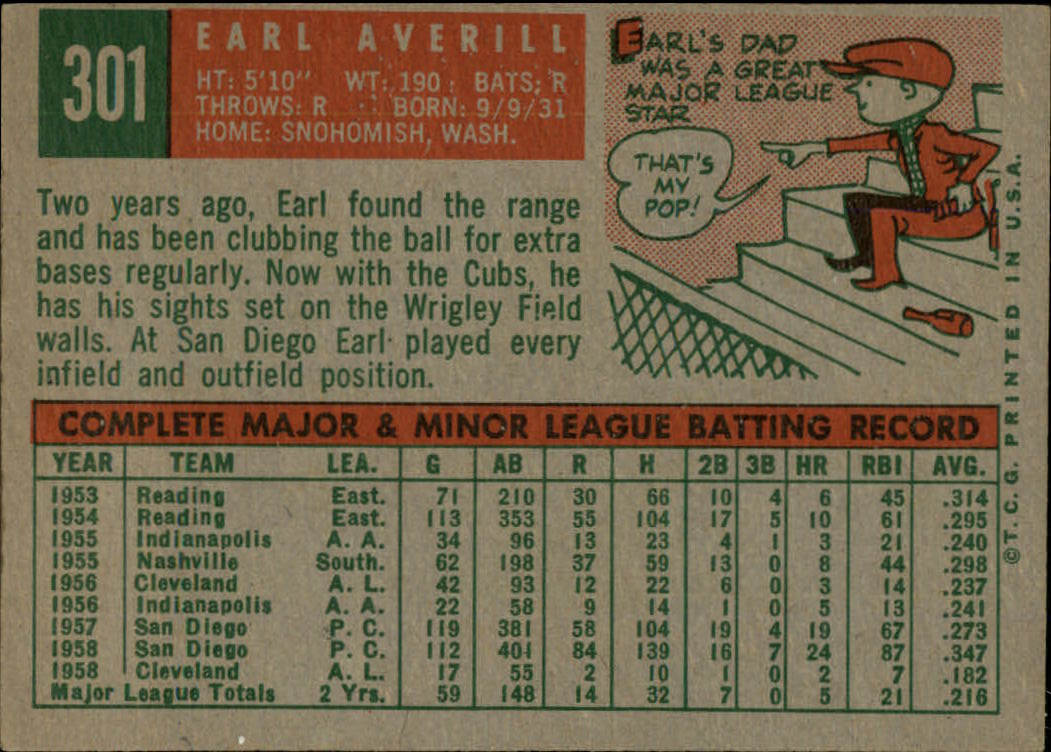 1959 Topps #301 Earl Averill Jr. RC back image