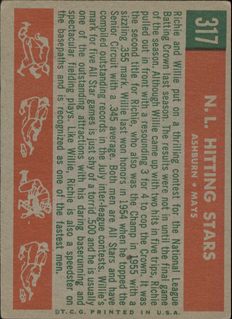 1959 Topps #317 NL Hitting Kings/Willie Mays/Richie Ashburn back image