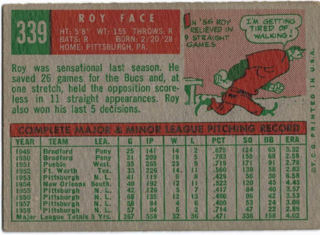 1959 Topps #339 Roy Face back image