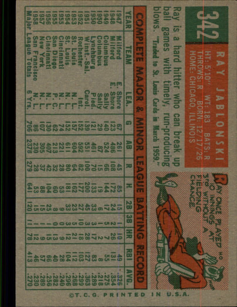 1959 Topps #342 Ray Jablonski back image