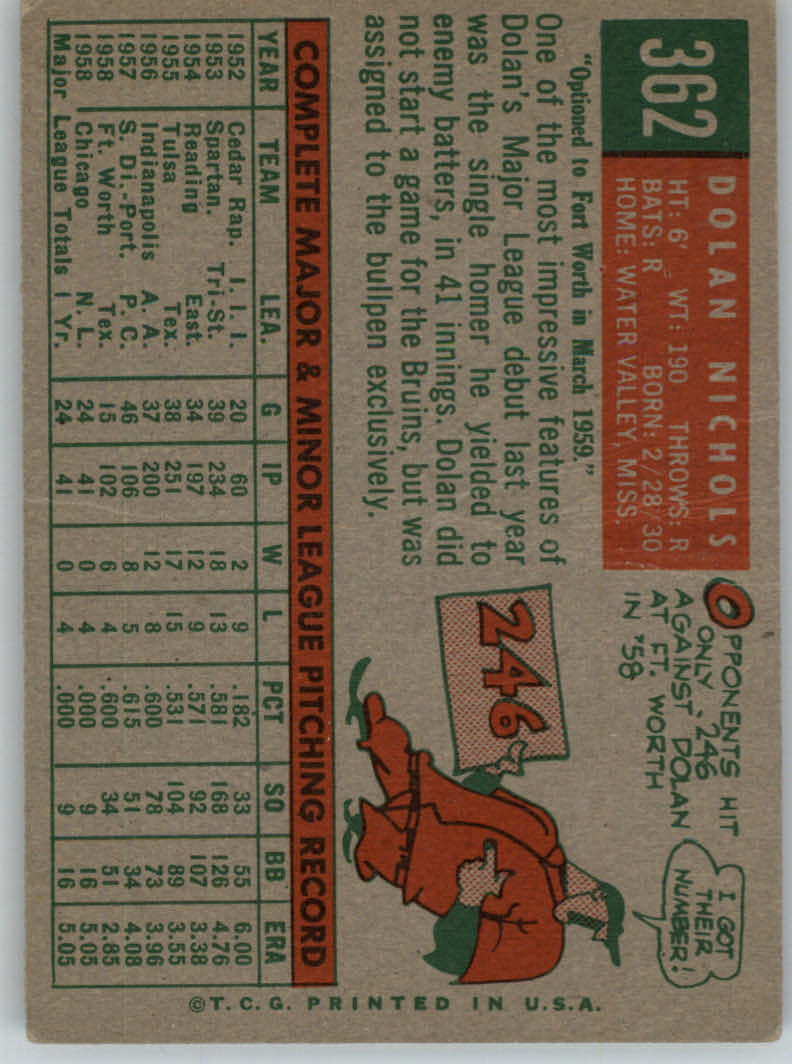 1959 Topps #362A Dolan Nichols RC/With option line back image