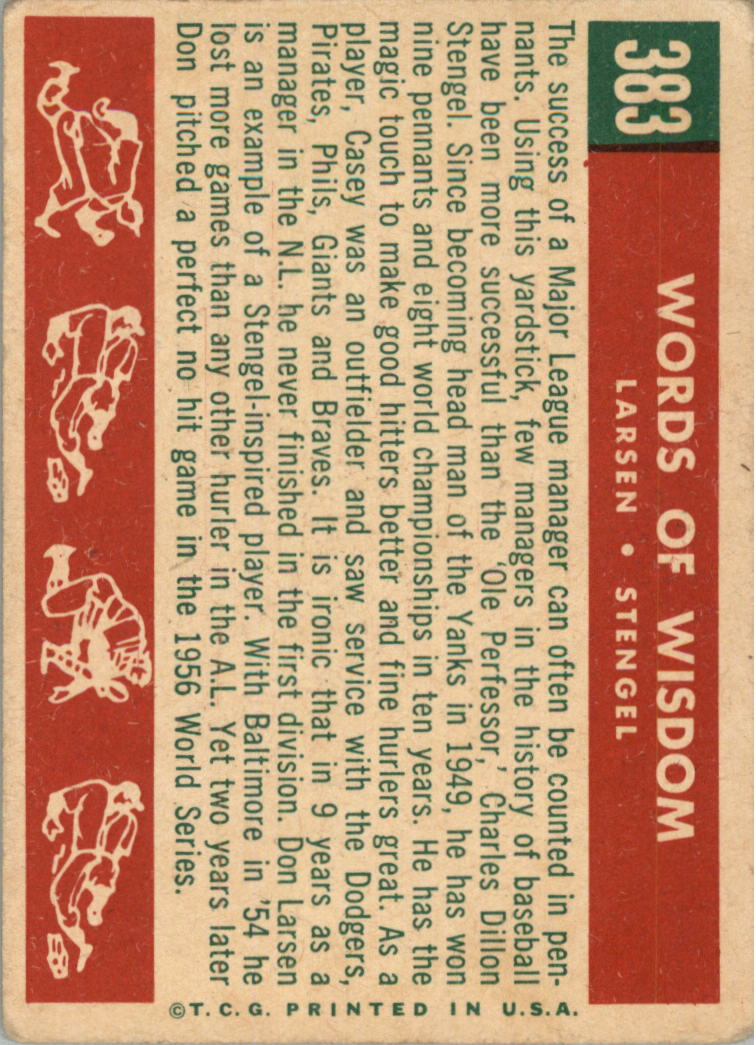 1959 Topps #383 Words of Wisdom/Don Larsen/Casey Stengel MG back image