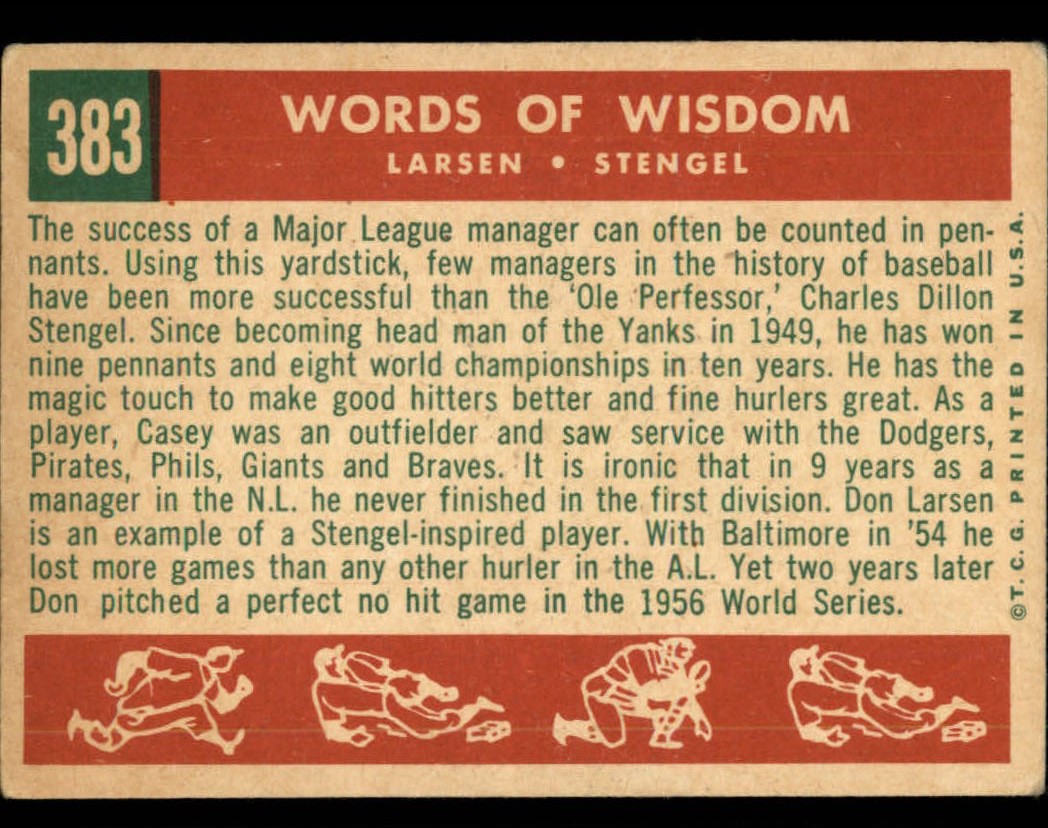 1959 Topps 383 Words Of Wisdom Don Larsen Casey Stengel Mg Vg Card Shack Beckett Marketplace