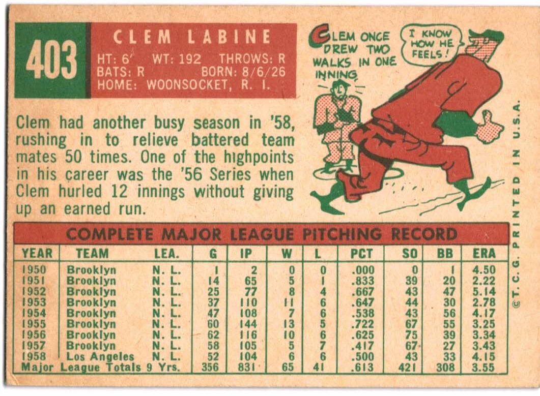 1959 Topps #403 Clem Labine back image