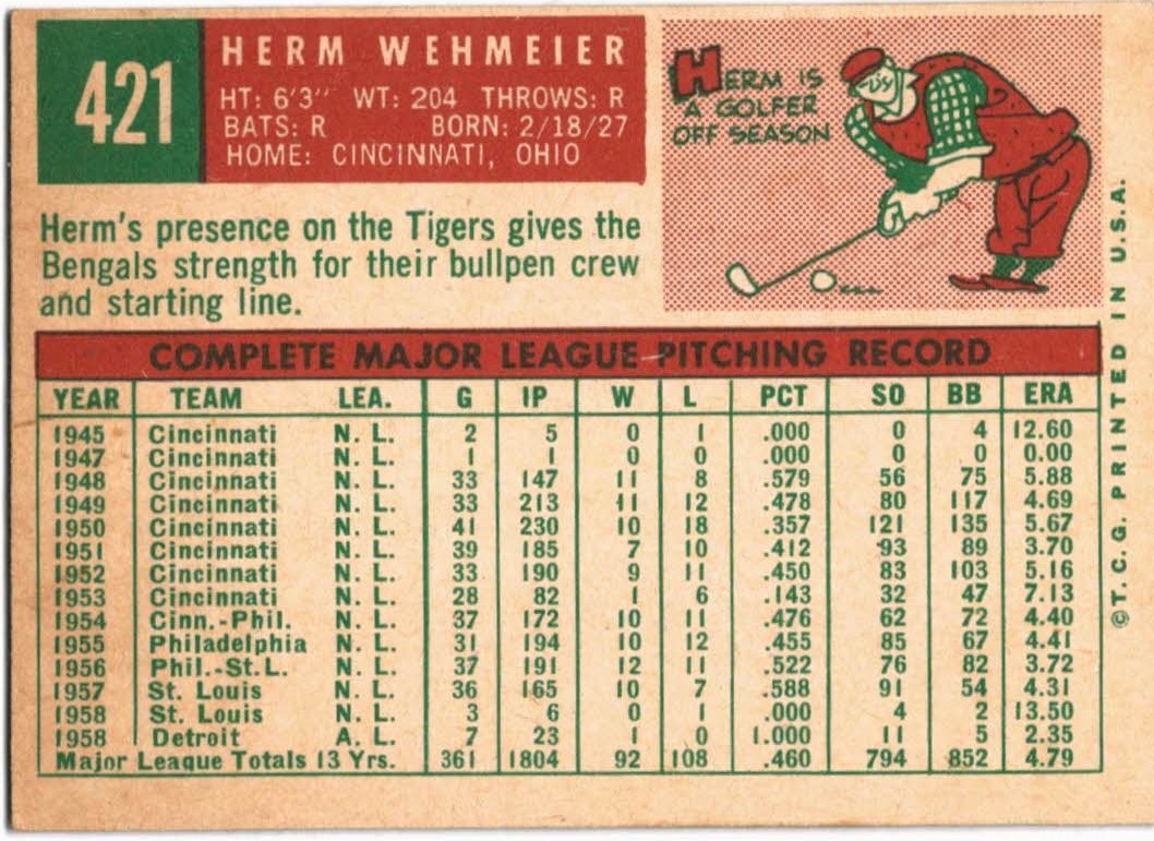 1959 Topps #421 Herman Wehmeier back image