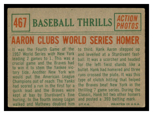 1959 Topps #467 Hank Aaron BT/WS Homer back image