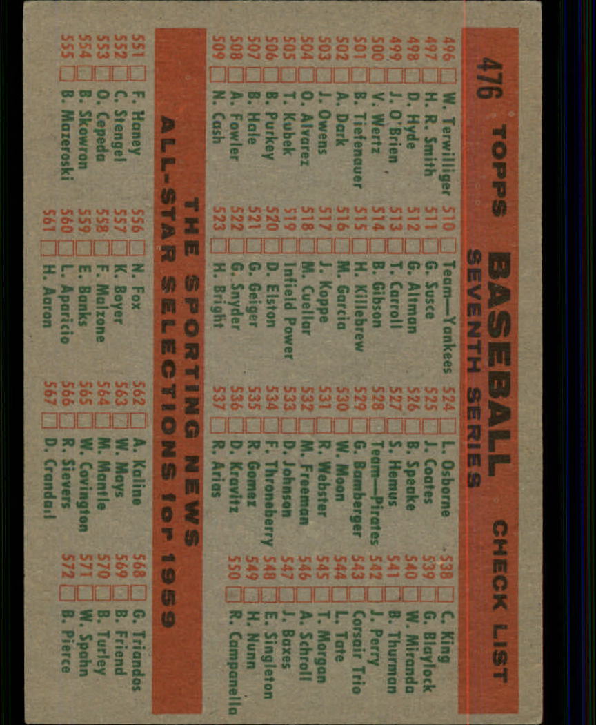 1959 TOPPS BASEBALL ASSORTED SINGLES U-PICK #362-556 - Picture 386 of 488
