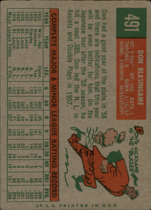 1959 Topps #491 Don Blasingame back image