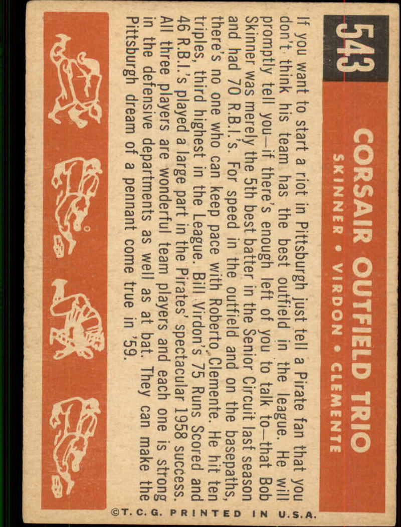 1959 Topps #543 Corsair Trio/Bob Skinner/Bill Virdon/Roberto Clemente back image