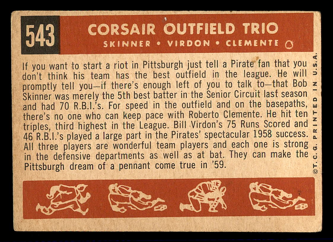 1959 Topps #543 Corsair Trio/Bob Skinner/Bill Virdon/Roberto Clemente back image