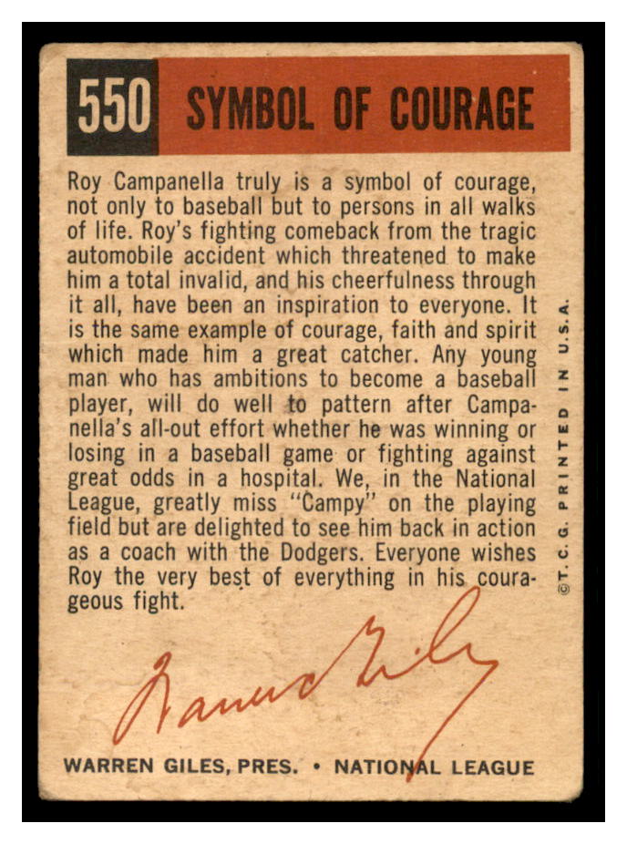 1959 Topps #550 Roy Campanella/Symbol of Courage back image