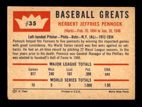 1960 Fleer #35 Herb Pennock back image