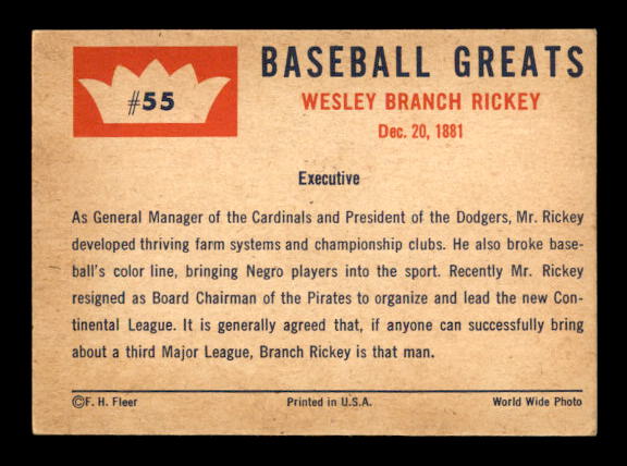 1960 Fleer #55 Branch Rickey back image