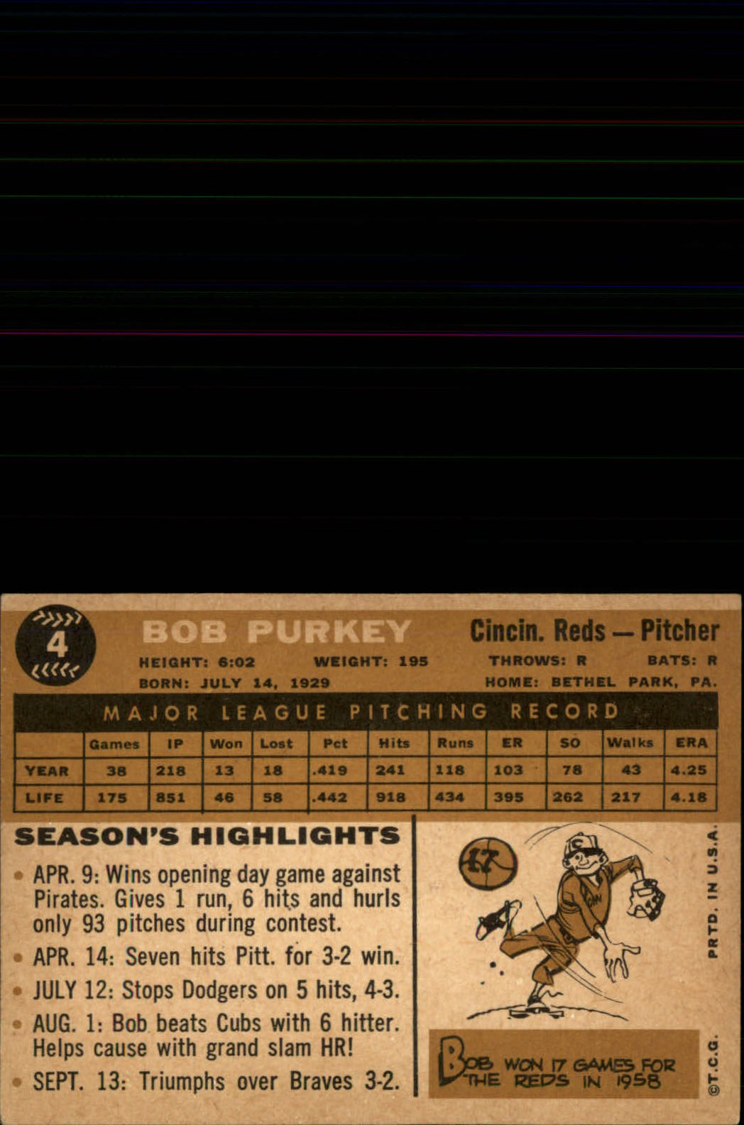 1960 Topps #4 Bob Purkey back image