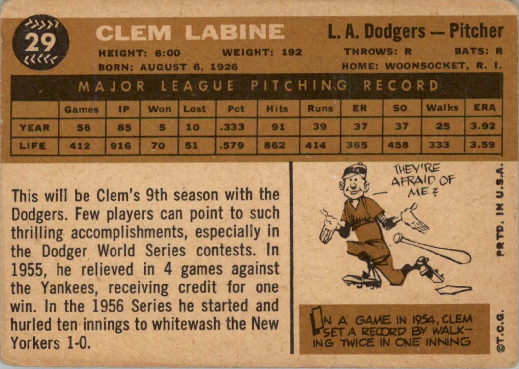 1960 Topps #29 Clem Labine back image
