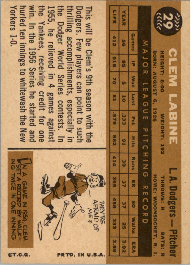 1960 Topps #29 Clem Labine back image