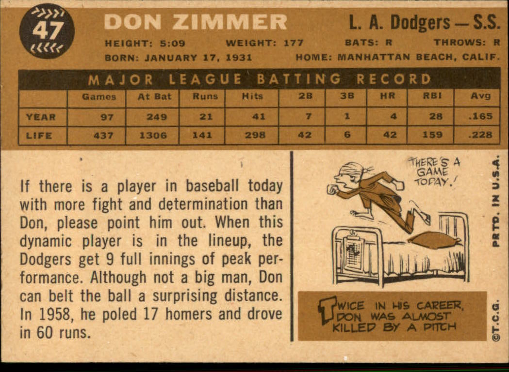 1960 Topps #47 Don Zimmer back image