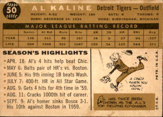 1960 Topps #50 Al Kaline back image