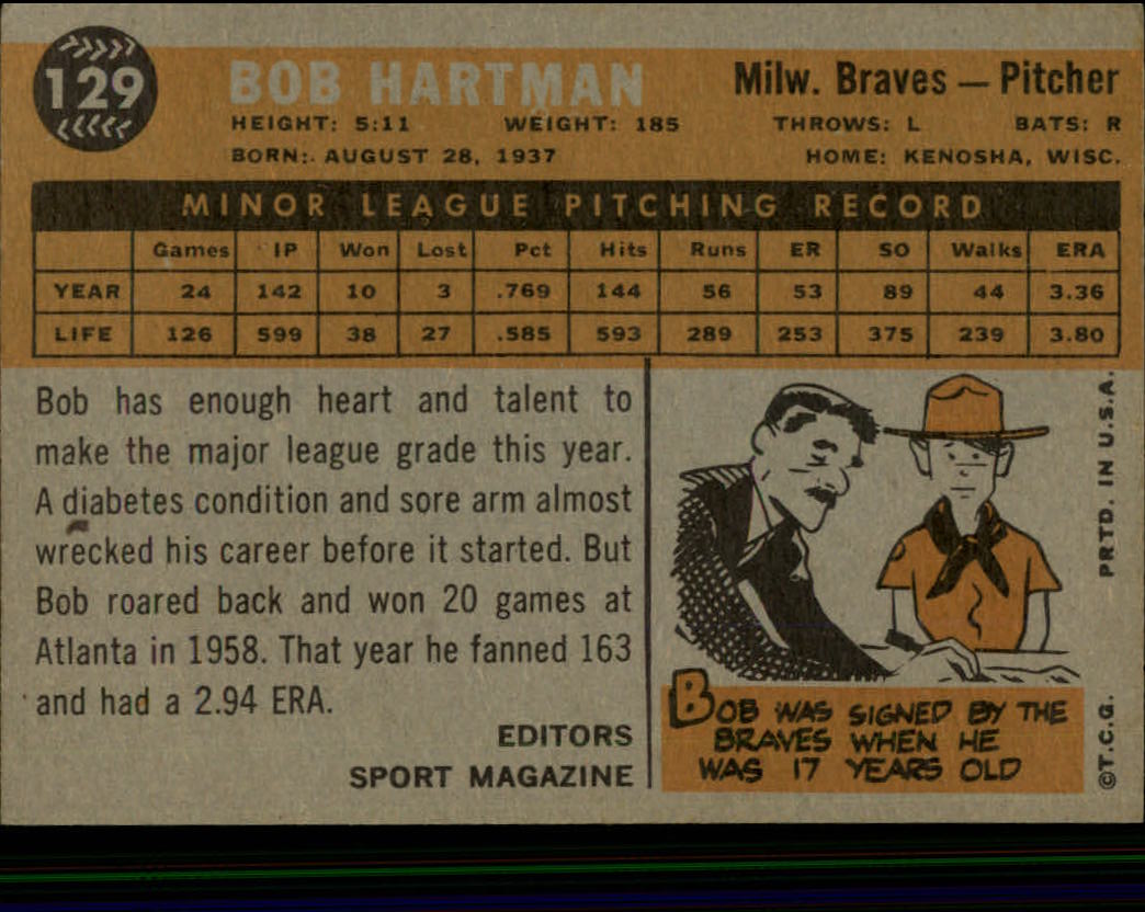 1960 Topps #129 Bob Hartman RS back image