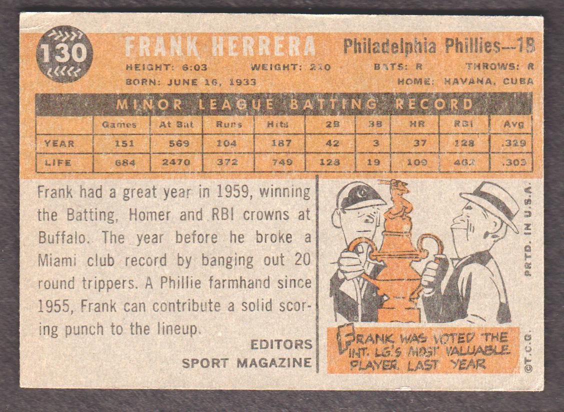 1960 Topps #130 Frank Herrera RS back image