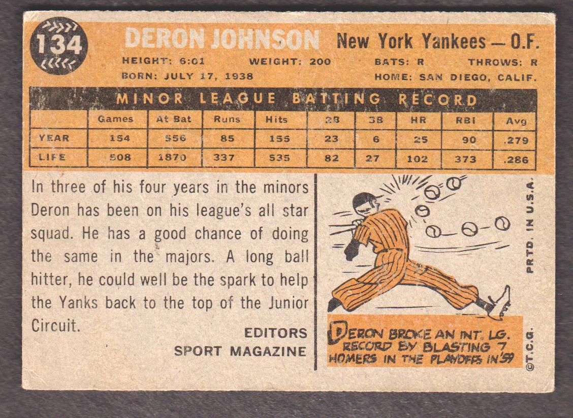 1960 Topps #134 Deron Johnson RS back image