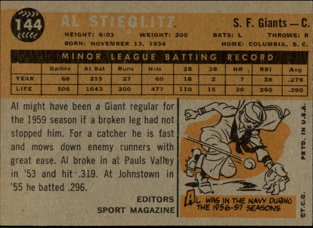 1960 Topps #144 Al Stieglitz RS RC back image