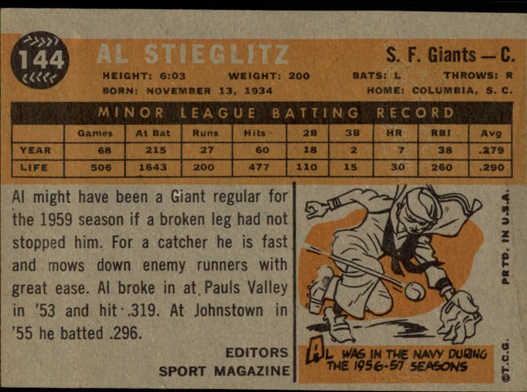 1960 Topps #144 Al Stieglitz RS RC back image