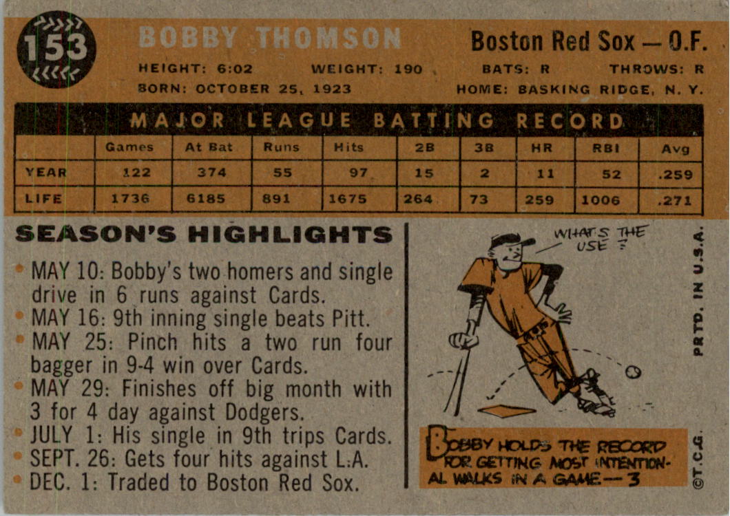 1960 Topps #153 Bobby Thomson back image