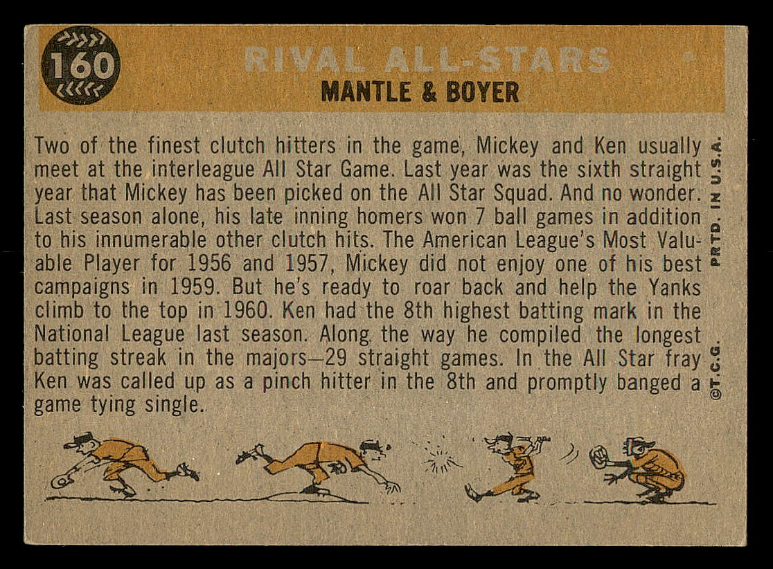 1960 Topps #160 Rival All-Stars/Mickey Mantle/Ken Boyer back image