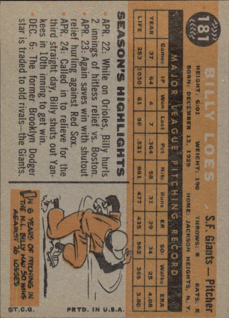 1960 Topps #181 Billy Loes back image