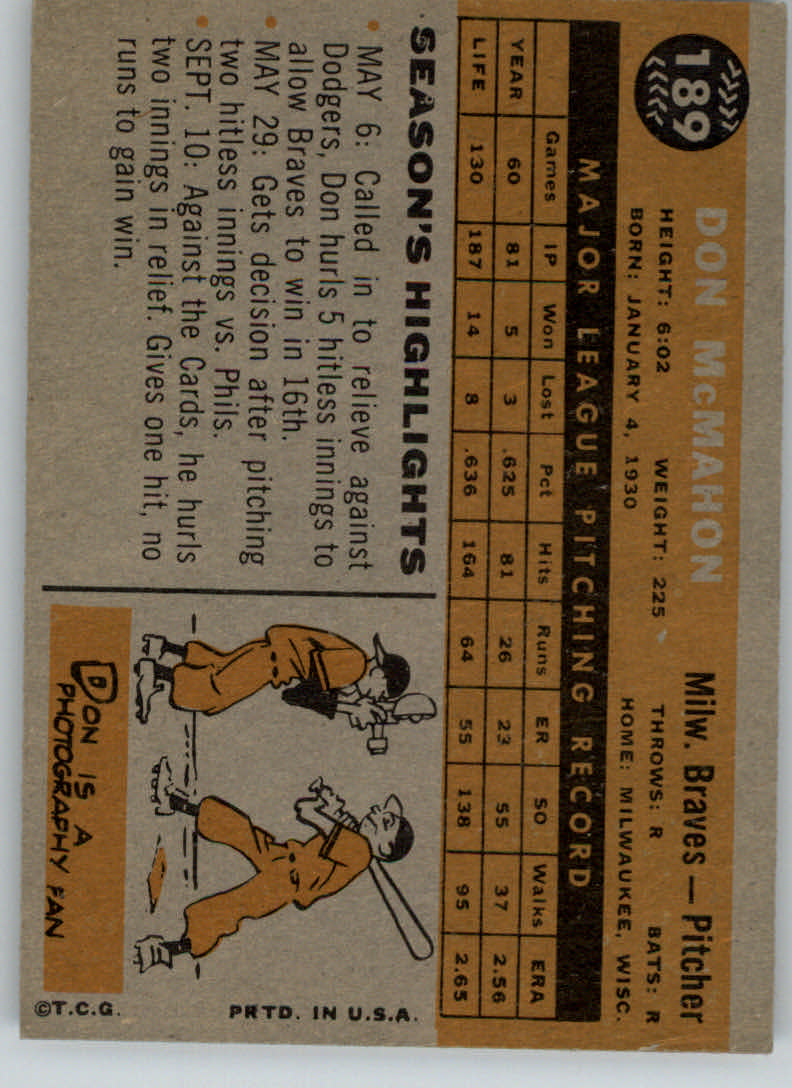 1960 Topps #189 Don McMahon back image