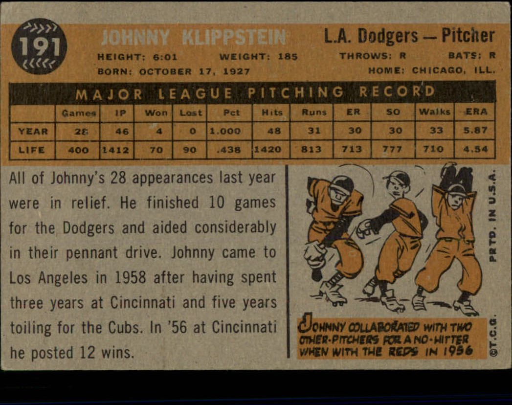 1960 Topps #191 Johnny Klippstein back image