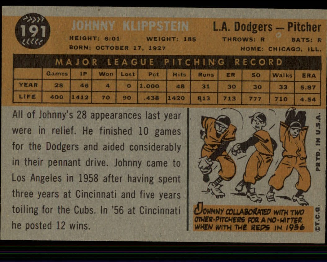 1960 Topps #191 Johnny Klippstein back image