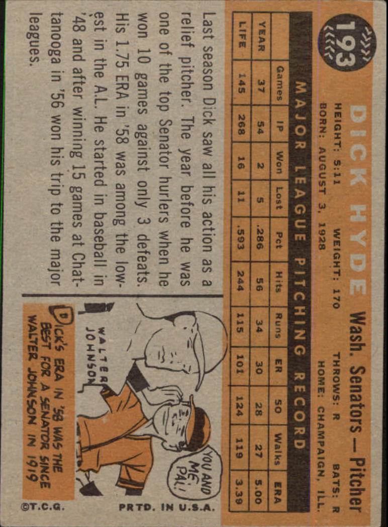 1960 Topps 193 Dick Hyde Vg Ex Ebay