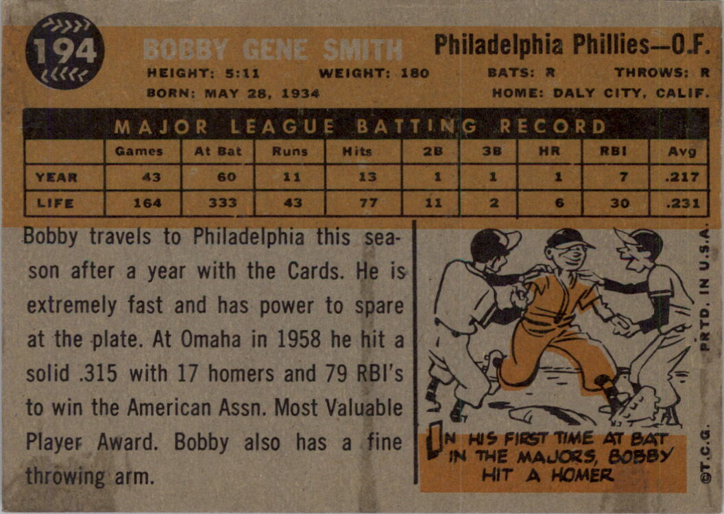 1960 Topps #194 Bobby Gene Smith back image