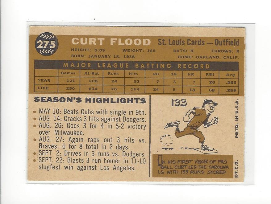 1960 Topps #275 Curt Flood back image