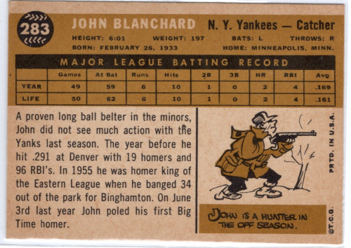 1960 Topps #283 Johnny Blanchard back image