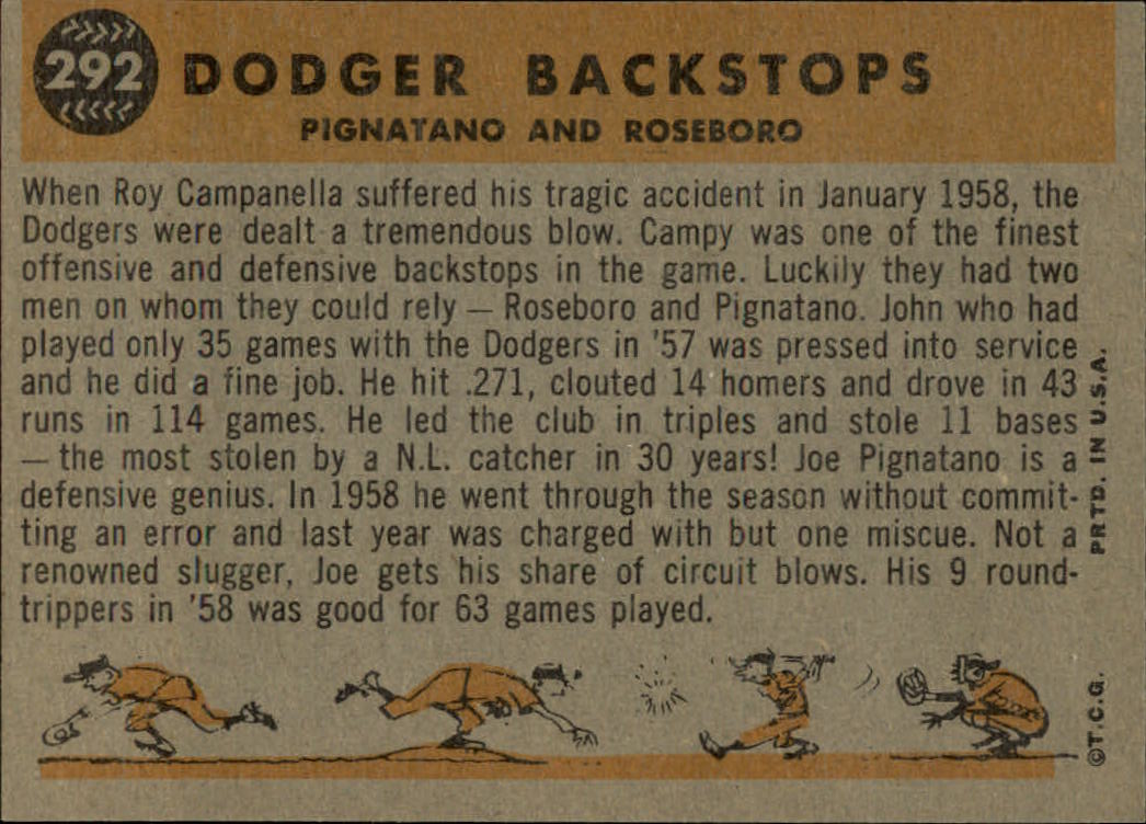 1960 Topps #292 Dodger Backstops/Joe Pignatano/John Roseboro back image