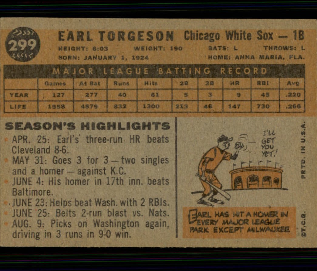 1960 Topps #299 Earl Torgeson back image